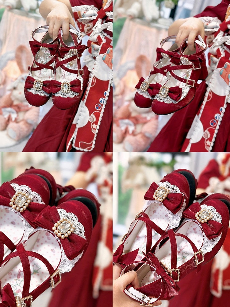 Lace with Edging Sweet Lolita Beaded Mary Heart Mid-heel Chain Jane Red Shoes Decor in Bows