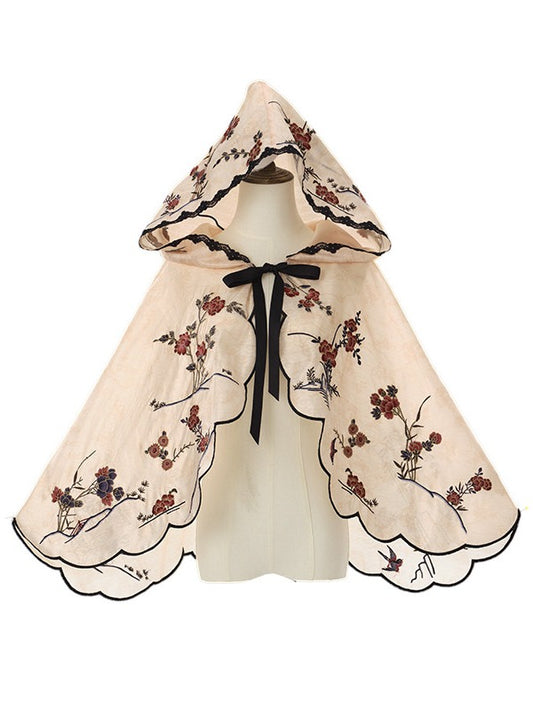 Classic Beige Lolita Cape with Chinese Embroidered Motifs - Yimu Walnut