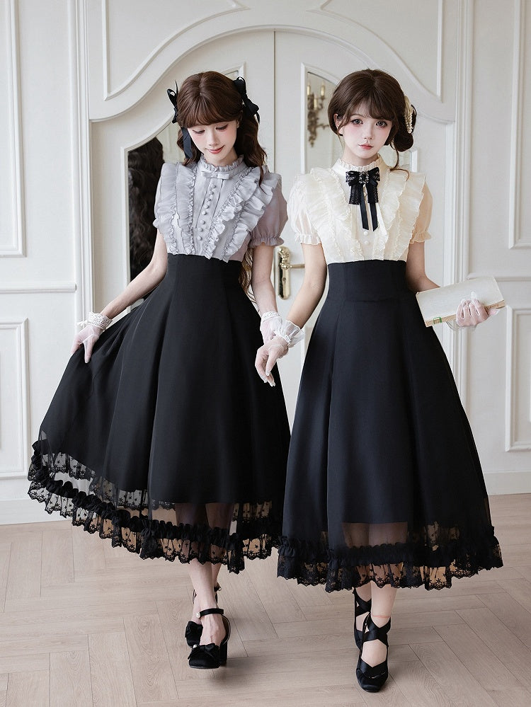 Gray Ruffled Blouse & Black Long Skirt Fake Two Pieces Lolita Dress - With PUJI