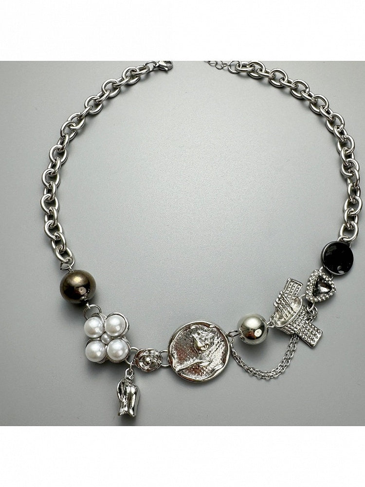 Y2K Silver Chain Necklace with Floral Bead Decor - YSHXS