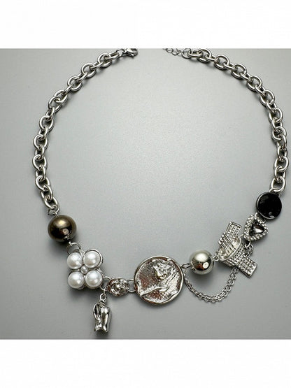 Y2K Silver Chain Necklace with Floral Bead Decor - YSHXS