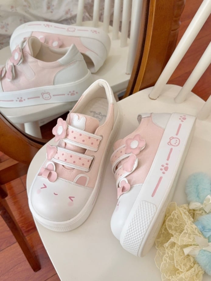 Print Sneakers Rabbit Heel with Dot Platform Paw Straps Bear Kawaii Motif Pink -