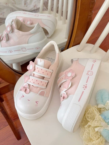 Print Sneakers Rabbit Heel with Dot Platform Paw Straps Bear Kawaii Motif Pink -