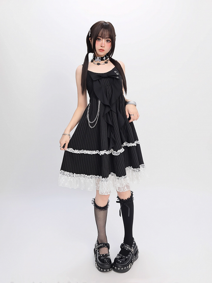 Rock Cami Kleid Big Bow Ausschnitt Schwarz mit gestreifter Taille Abnehmbare Kette Blase