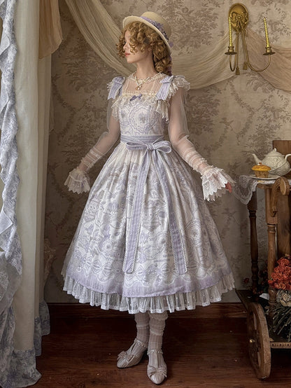 ロリータ フローラルバスケット クラシックジャンパープリントドレス 花とスカート パープル