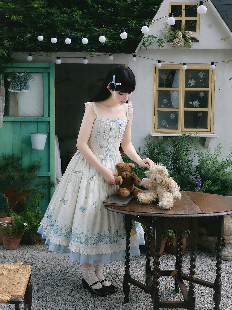 Sweet Lolita Style Summer JSK Dress with Lace & Blue Floral Print - Rock Candy Box