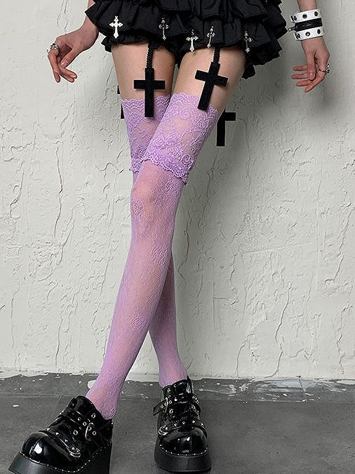 Strümpfe Y2K Spitze leichtes Muster Besatz Lila Floral Overknee