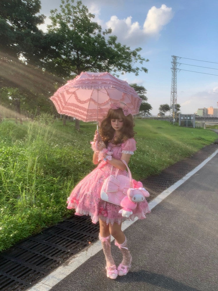Pink Old School Lolita Floral Print OP Dress with Halter Straps - Asuka