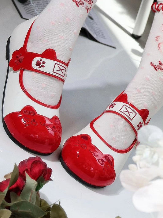 Lolita Design Ear Cat Toe Sweet with Velcro Stitching Red Flats Round Paw