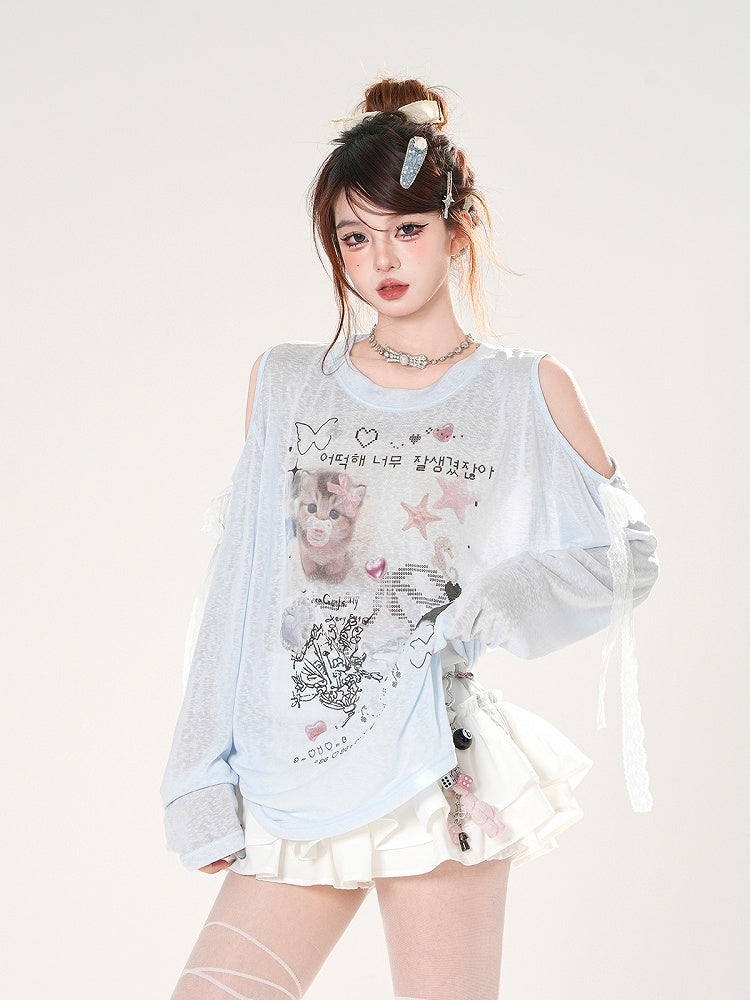 カットアウトセミシースルーショルダーキュートカバーアップブルー/ホワイトキティプリント