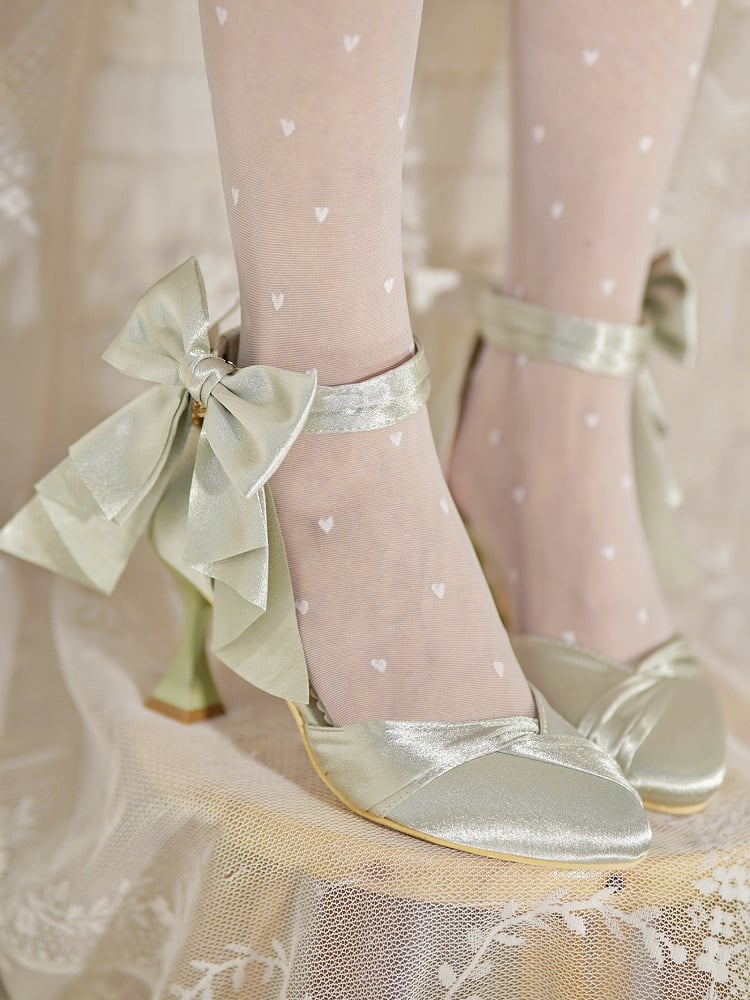 Toe Elegant Satin Heart Buckle Green High-heel with Delicate Bow in Shoes Pointed Light