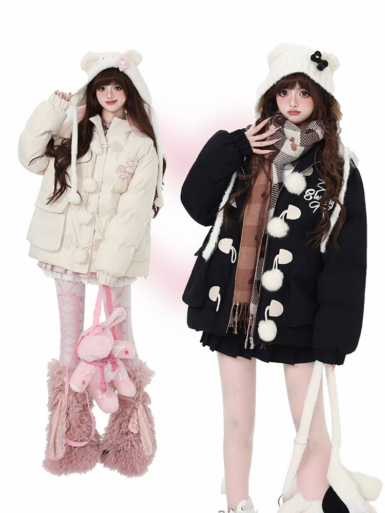 ブラックアプリコットフリース裏地フェイクファートリムフード付きコート