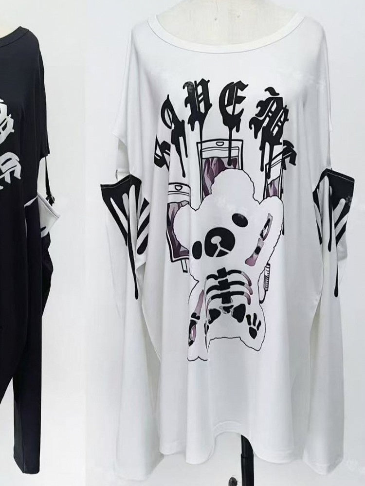 ホワイトレターケイロングトッププリントスリーブベアジライと