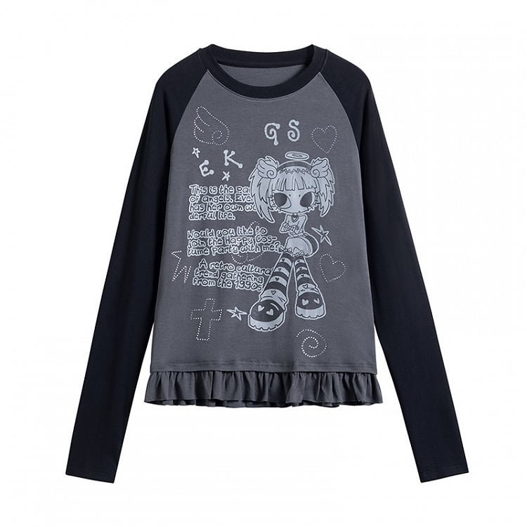 Girl Sleeve Cartoon Gray Pattern T-shirt Colorblock Long with Design