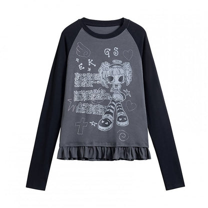 Girl Sleeve Cartoon Gray Pattern T-shirt Colorblock Long with Design