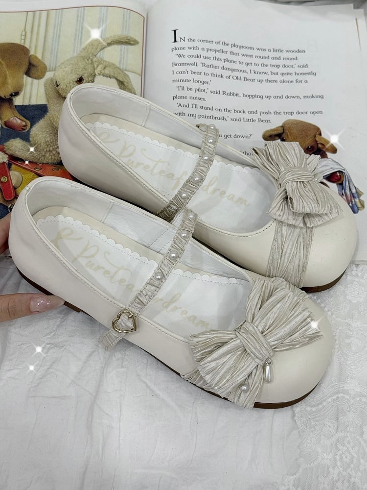 Top Buckle Toe Creamy Shoes Beaded Bow Decorated Lolita White Heart Round at