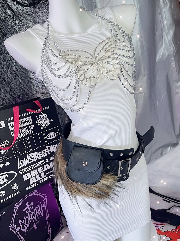 Schwarzer Gürtel mit Kunstpelzbesatz und Schnalle + Gürteltasche mit Druckknopf