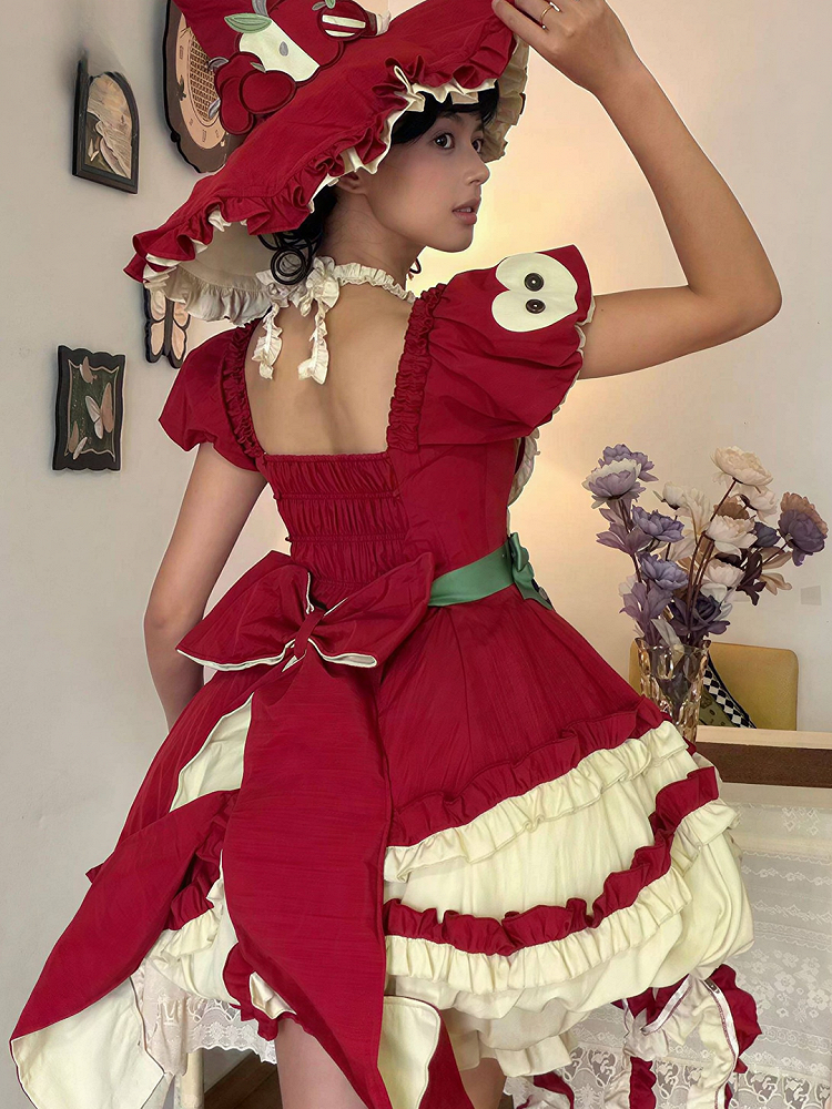 Red Ruffled Sweet Lolita Fluffy OP Dress Full Set