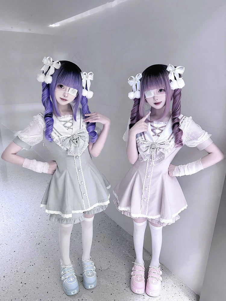 Set aus rosa/hellblauen Shorts mit Schleife hinten, Matrosenkragen, selbstbindendem Minikleid + gerüschtem hellem Saum, Jirai Kei