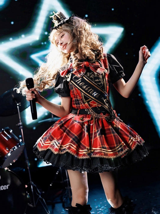 Red Idol Lolita Plaid JSK Dress with Golden Bear Embroidery and Black Scalloped Hem - LiLi Chain
