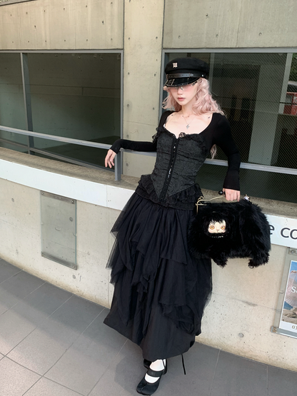 Bubble and Accent Length Tea Back Lace-Up White/Black Cross Tiered Skirt Metal with