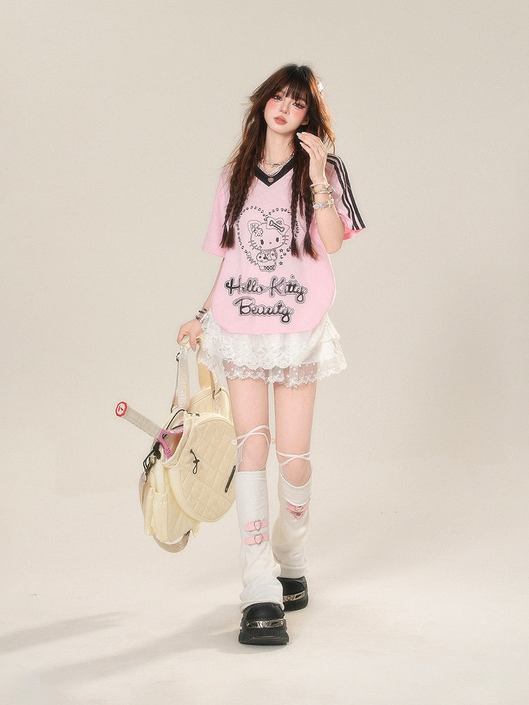 Pink V-Neck Kitty Print Contrast Loose T-Shirt Black Trim