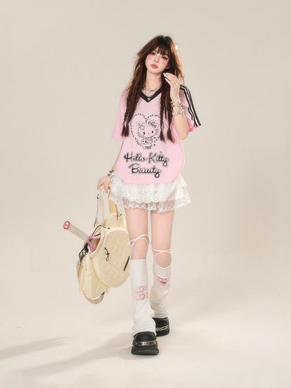 Pink V-Neck Kitty Print Contrast Loose T-Shirt Black Trim