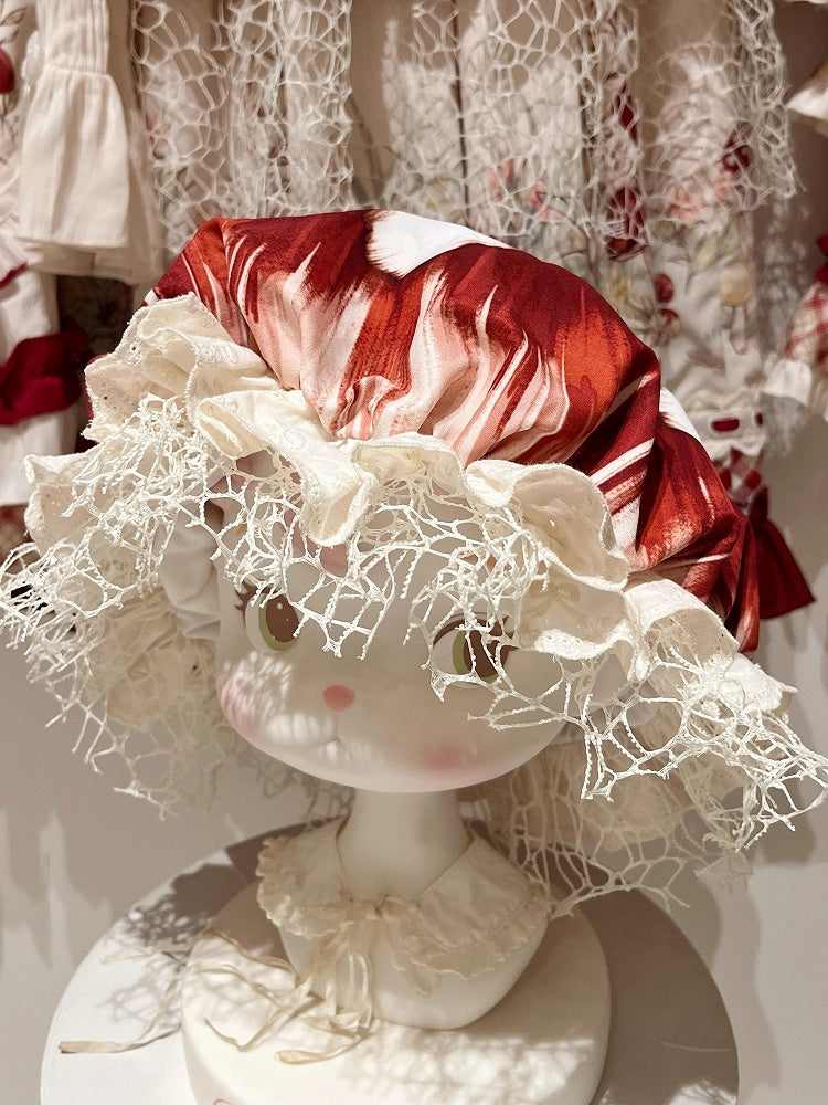 Red Beige Tie-Dye Mushroom Hat with Lace Netting - Honey Machine
