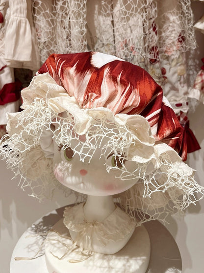 Red Beige Tie-Dye Mushroom Hat with Lace Netting - Honey Machine