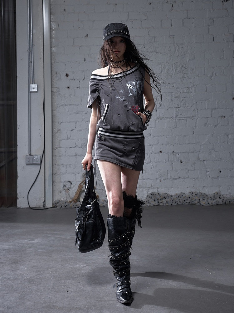 Asymmetrischer Ausschnitt Grau/Weiß Wasteland Punk Distressed Kleid