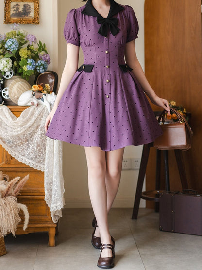 Muster Schwarz Lila Kleid Kleine Retro Ärmeln Puff Herz-förmigen Mode