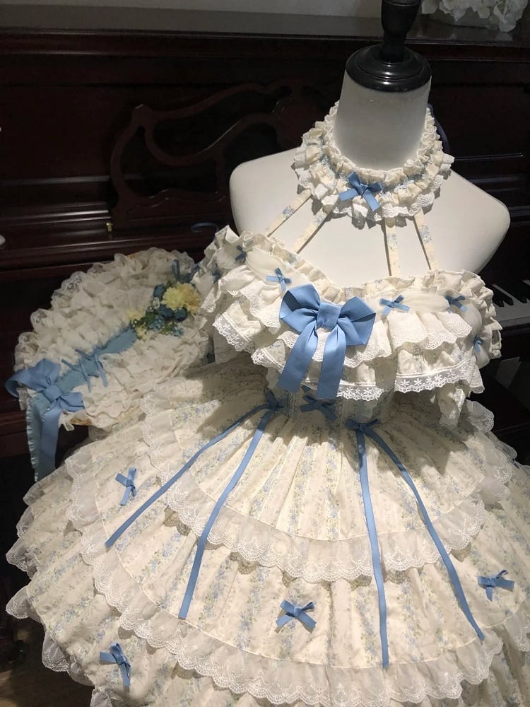 with Neck Lolita Halter Bowknots Dress Print Hime Trim Floral and Lace Blue White