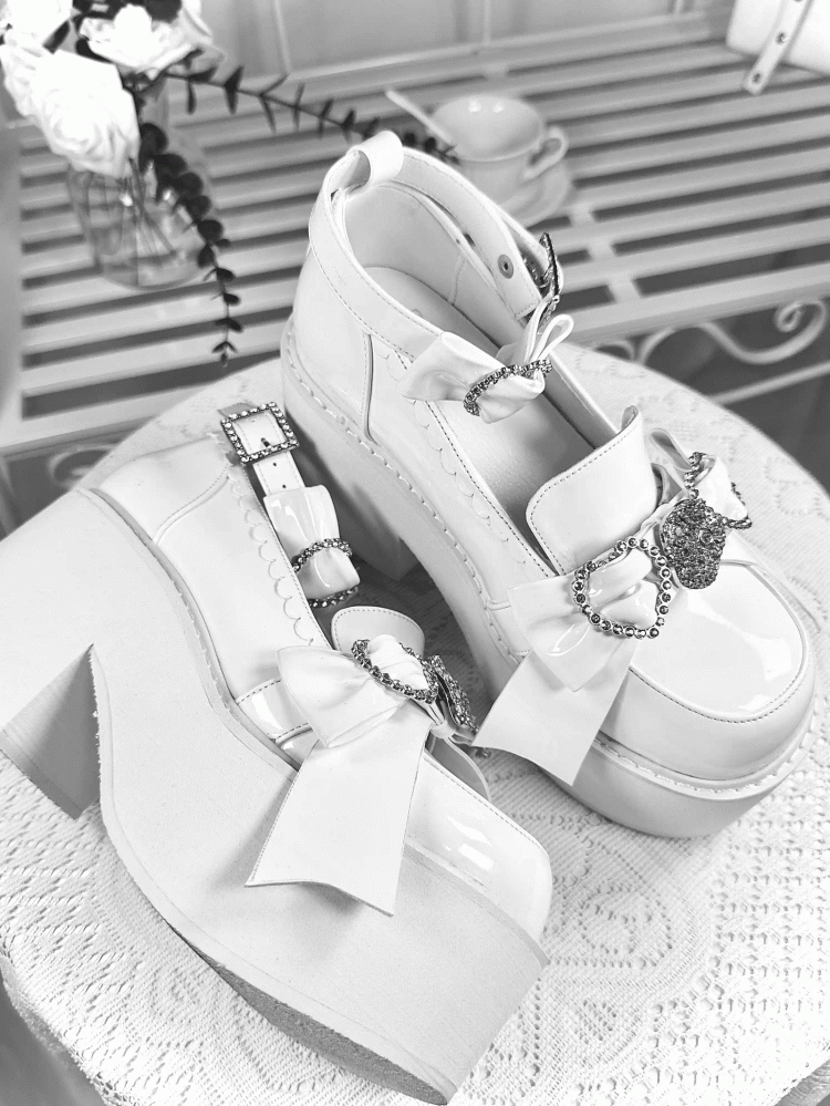 Polished Heel Shoes Top with Loafers High Accents Bow White Block Jirai Kei Rhinestone Platform