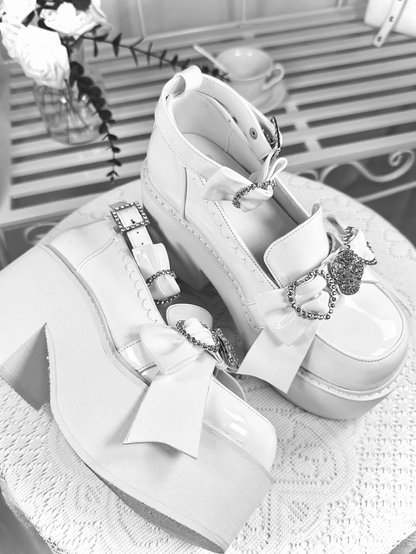 Polished Heel Shoes Top with Loafers High Accents Bow White Block Jirai Kei Rhinestone Platform