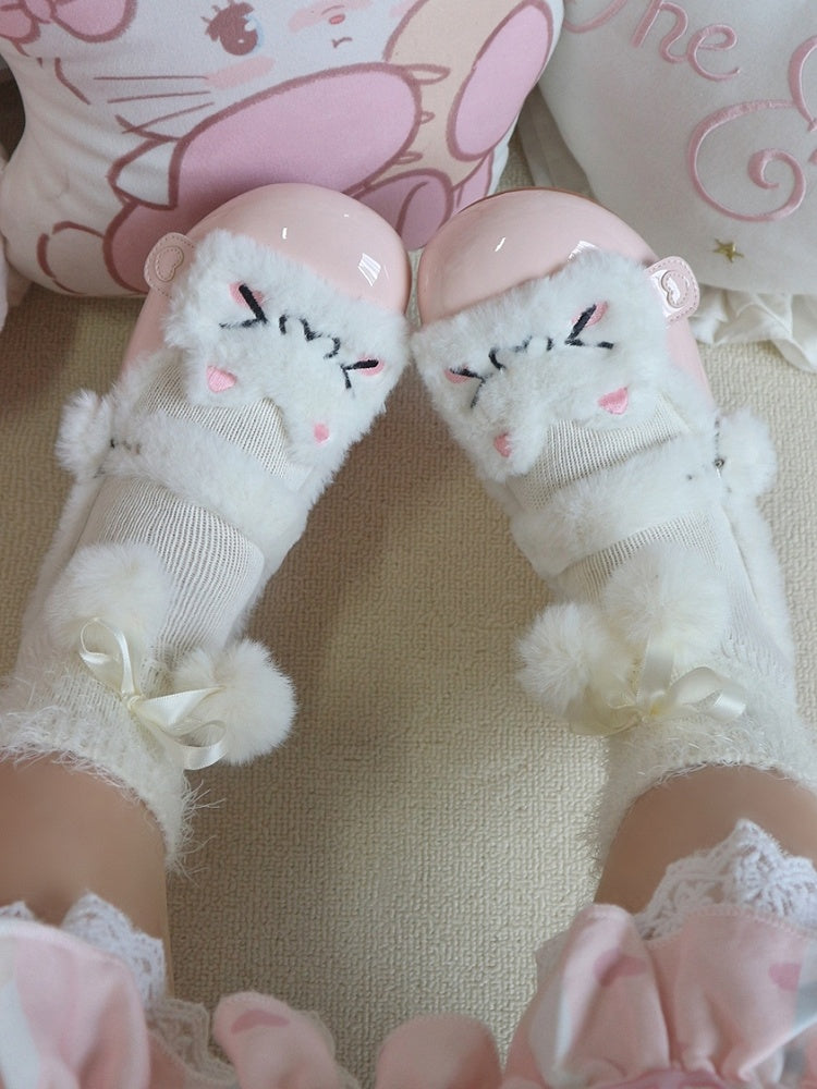 Cozy Fleece Sweet Plush Winter Kitty Pink Lolita Snap Button Flats with Lining