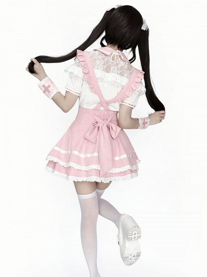 Pink Lace Blouse Skirt Set with Straps & Bow Tie - Shi Zhai Xin