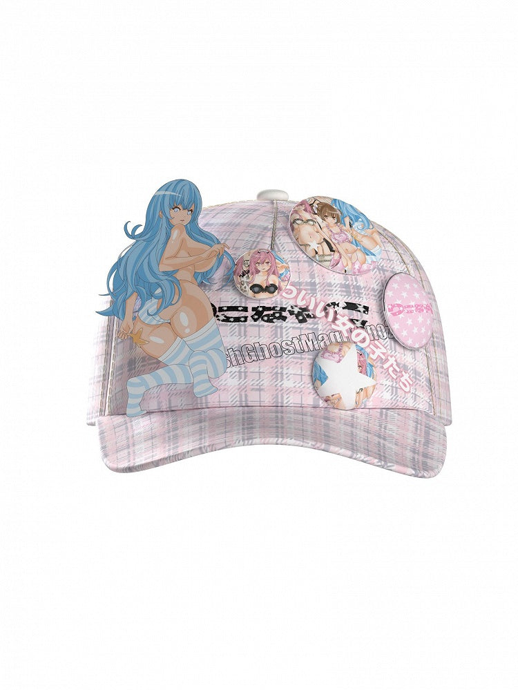 Adjustable Fashion Pink Plaid  Hat Gyaru Cap