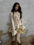Drawstring Bell Detail Vintage with Ruffle Apricot Sleeves Blouse