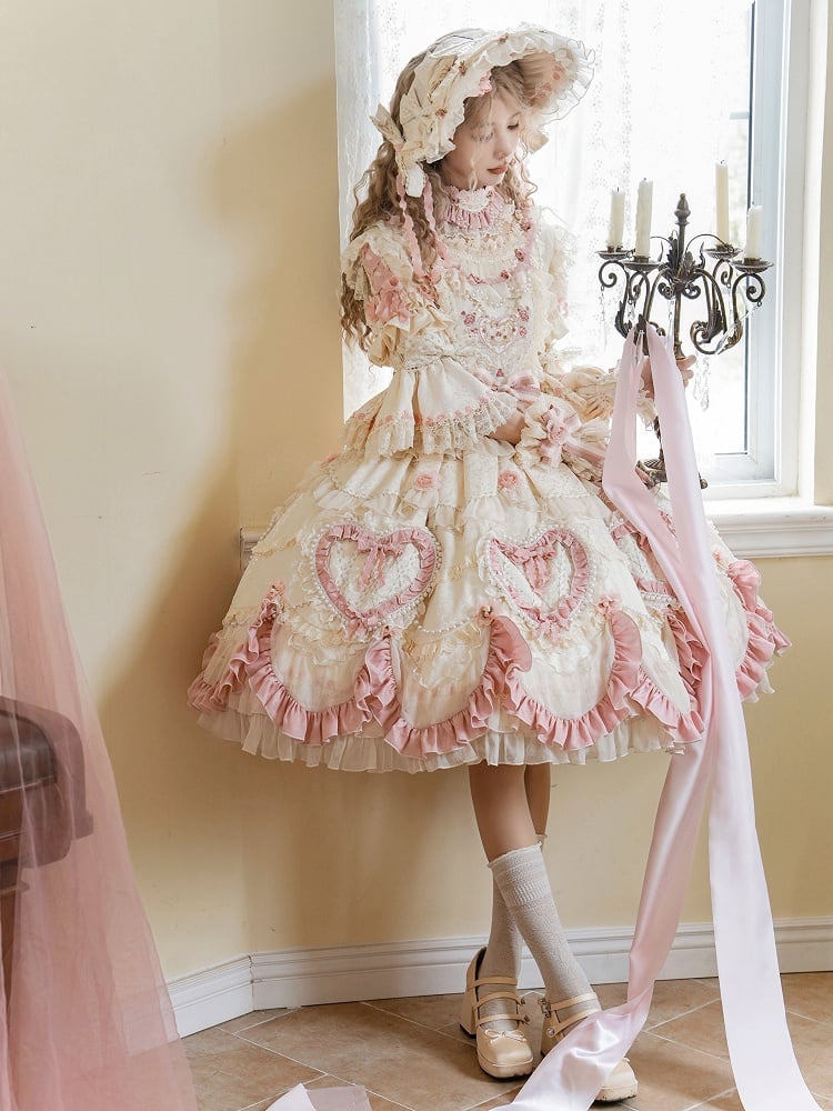 Beige Hanayome Rosette Embroidery Floral and Bead Chain Lolita OP Full Set