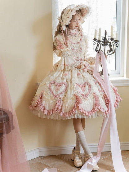 Beige Hanayome Rosette Stickerei Blumen und Perlenkette Lolita OP Komplettset
