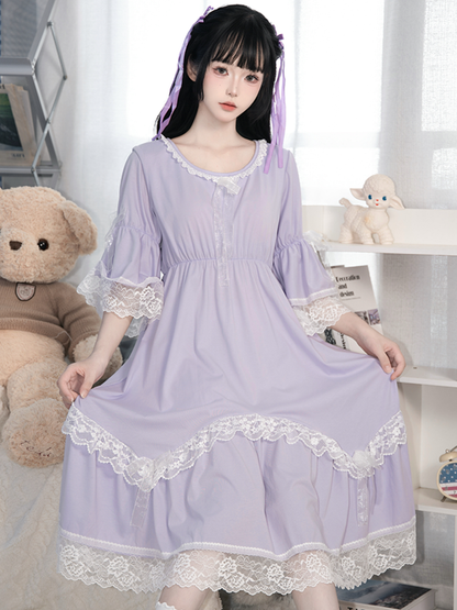 Cups with Padded Purple Ruched Waist and Lace-Trimmed Long/Short Sleeves Dress
