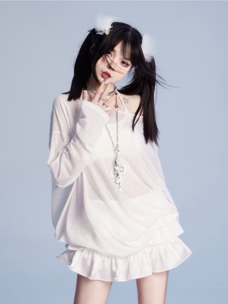 Butterfly-shaped Cutout White Asymmetrical Neckline Semi-sheer Coverup