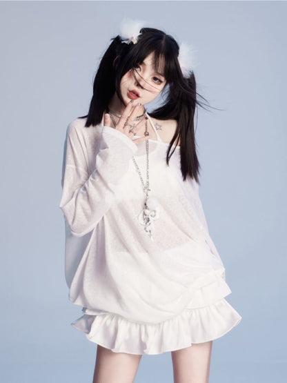 Butterfly-shaped Cutout White Asymmetrical Neckline Semi-sheer Coverup