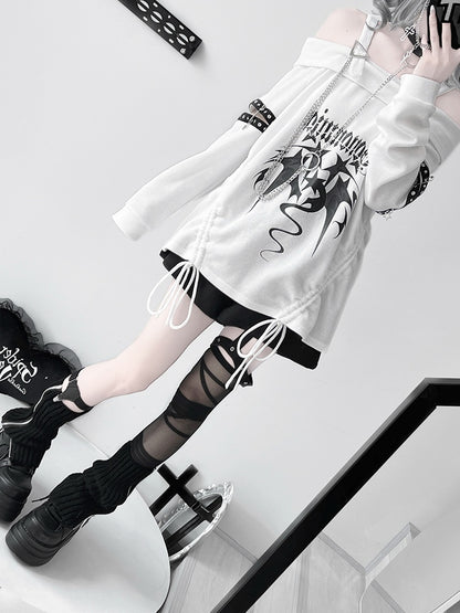 Weißes Punk-Top mit schulterfreiem Ausschnitt und Kordelzug