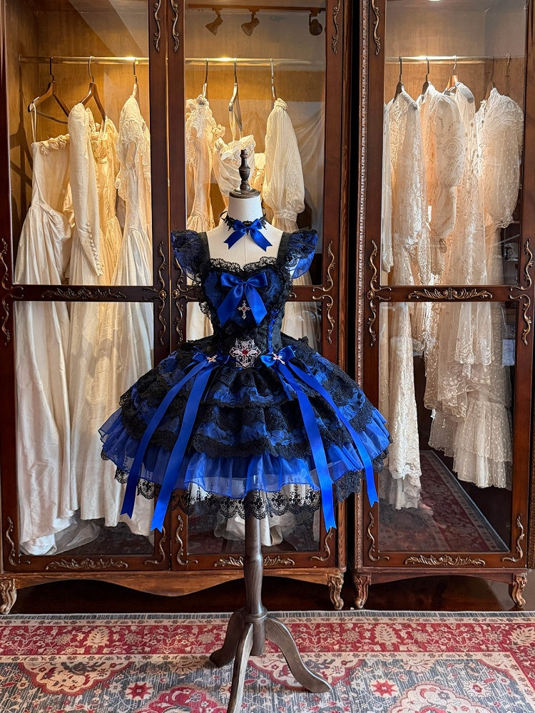 Gothic Lolita JSK Dress with Cross & Spider Details, Layer Lace Trim & Bowknots in Black & Blue - Dream Flower Box