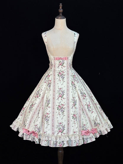Vintage Beige Floral Print Classic JSK Dress with Back Lace-Up & Bow Accents - Miss Cube Dressworks