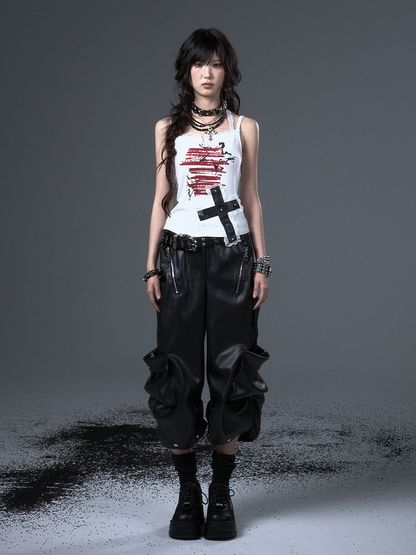 Black Zipper Decorative Mid-length Punk Rock Pants Wide-leg PU -