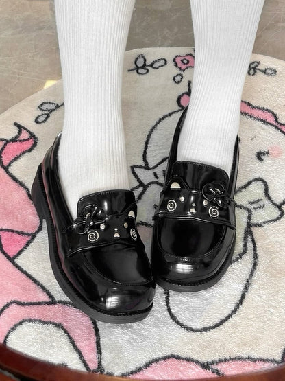 PU Black Loafers in Preppy Style with Bear Theme & Bow Decor
