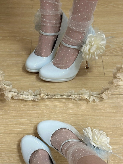 PU Lolita with Elegant Heels Embellishments in Detachable Leather Jane Style Floral Blue Mary