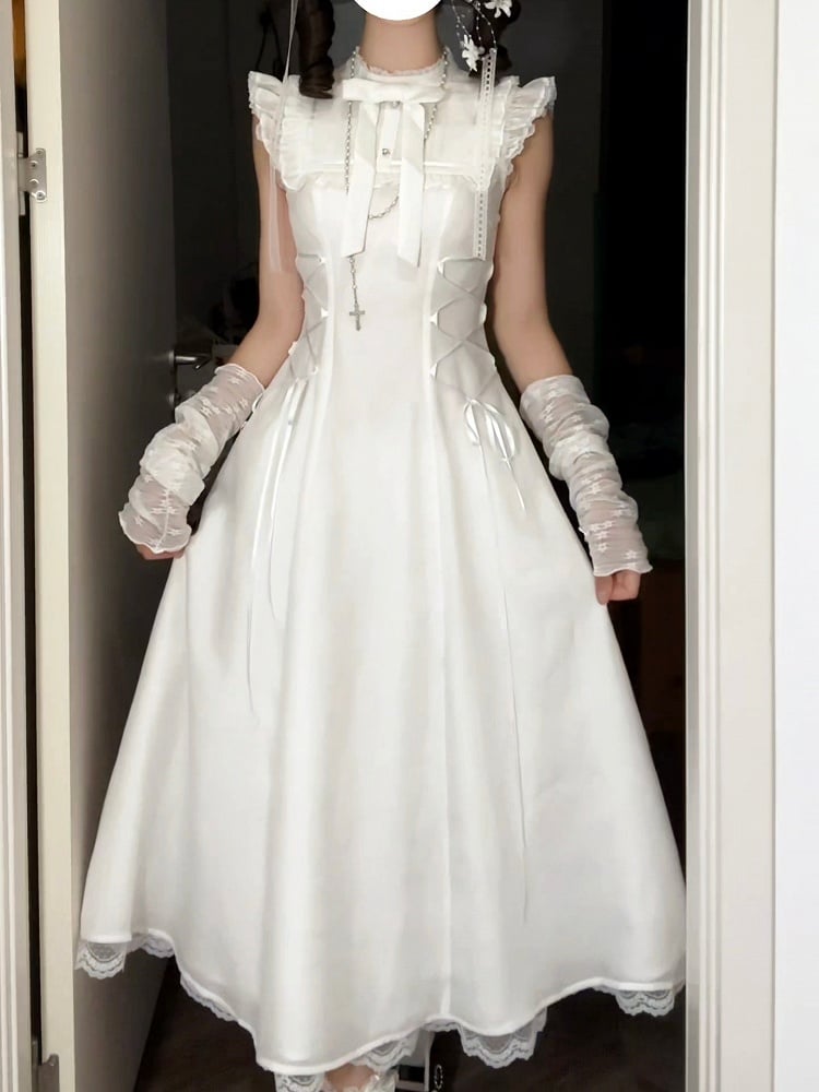 Pure Flutter Waist White Lace-Up Dress:Long Versionwith Sleeve Aesthetic